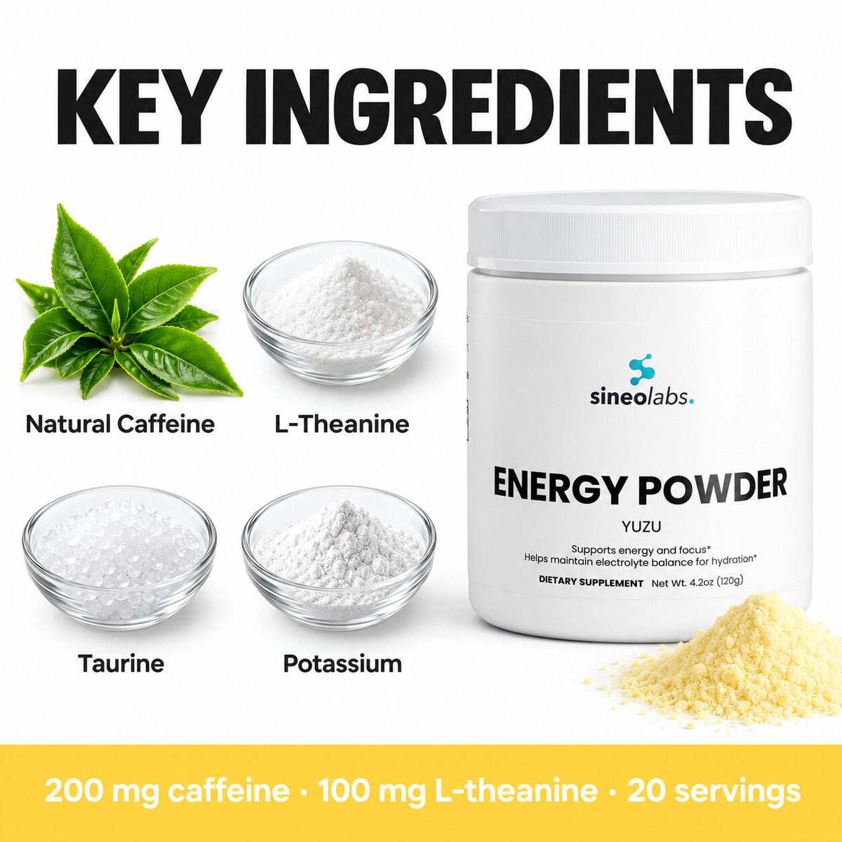 Energy Powder, 200mg Caffeine, Yuzu: Natural Caffeine, L-Theanine, Taurine, Potassium