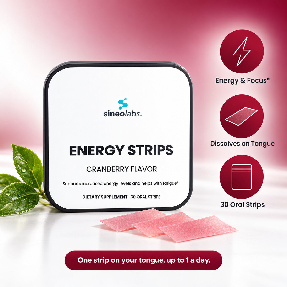 Energy Oral Strips, 50mg Caffeine, Cranberry: Energy & Focus, Dissolves on Tongue, 30 Oral Strips