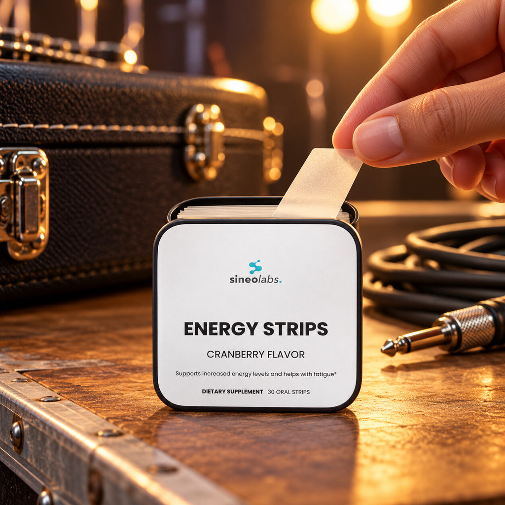 Energy Oral Strips, 50mg Caffeine, Cranberry on a wooden backstage table in warm stage light beside a guitar case and coiled cables