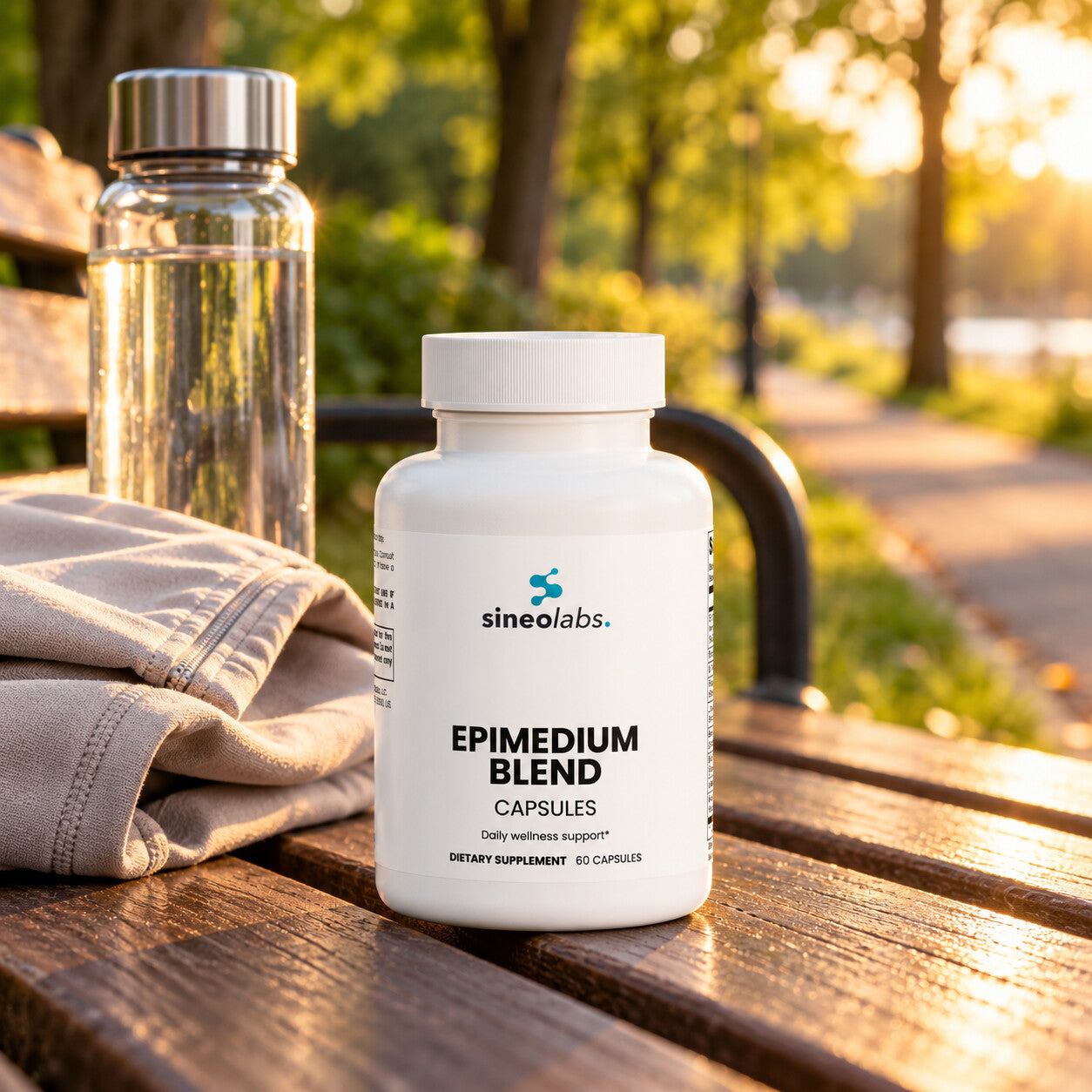 Epimedium Blend Capsules 1,000mg with Maca on a park bench in warm early-evening light