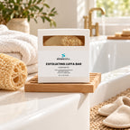 Exfoliating Luffa Soap Bar with Tea Tree on a wooden soap dish on the edge of a white bathtub in soft daylight
