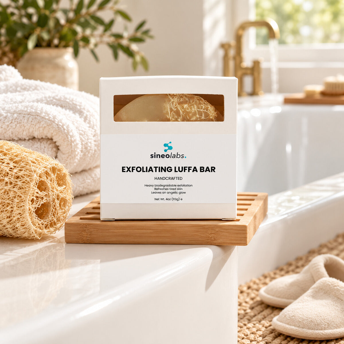 Exfoliating Luffa Soap Bar with Tea Tree on a wooden soap dish on the edge of a white bathtub in soft daylight