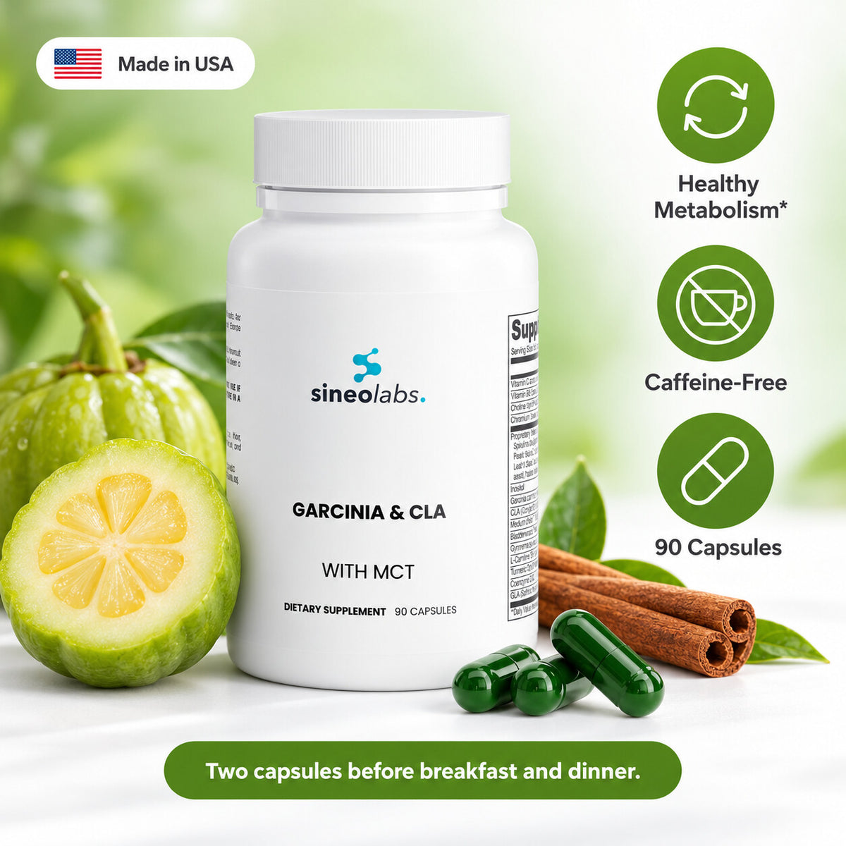 Garcinia & CLA Capsules with MCT Oil: Healthy Metabolism, Caffeine-Free, 90 Capsules
