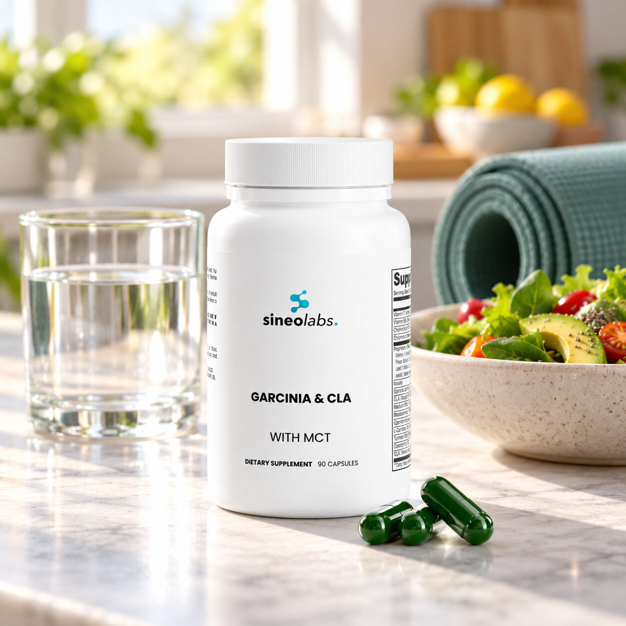 Garcinia & CLA Capsules with MCT Oil on a kitchen counter in bright morning light