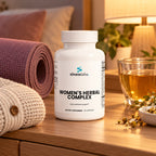 Women's Herbal Complex with Maca & Dong Quai on a bedroom dresser in warm evening lamp light