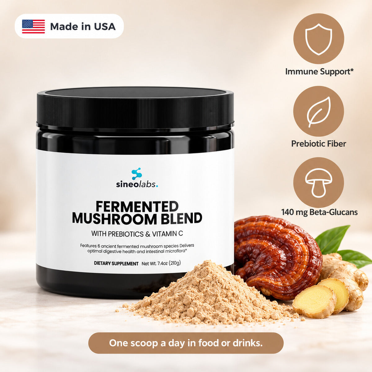 Fermented Mushroom Blend with Reishi & Cordyceps: Immune Support, Prebiotic Fiber, 140 mg Beta-Glucans