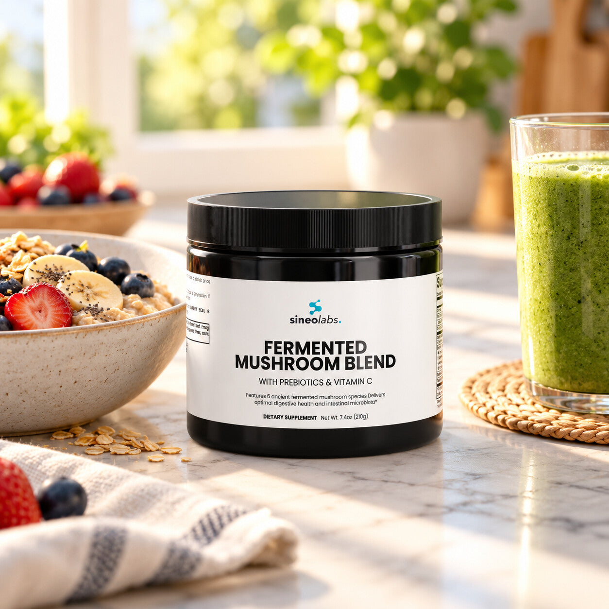 Fermented Mushroom Blend with Reishi & Cordyceps on a breakfast table in soft morning light