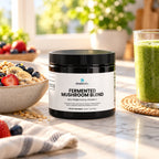 Fermented Mushroom Blend with Reishi & Cordyceps on a breakfast table in soft morning light