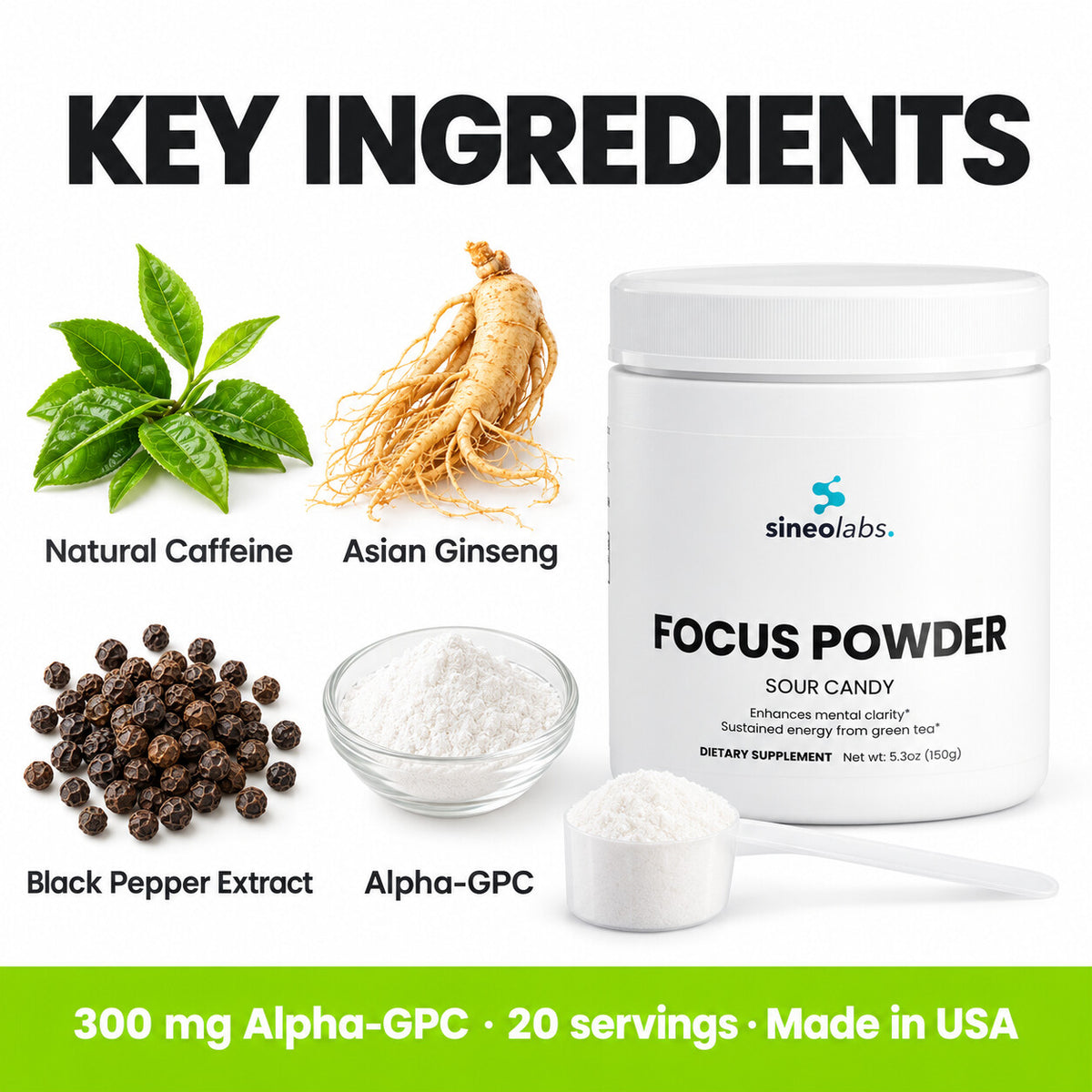 Focus Powder, 300mg Alpha GPC, Sour Candy: Natural Caffeine, Asian Ginseng, Black Pepper Extract, Alpha-GPC