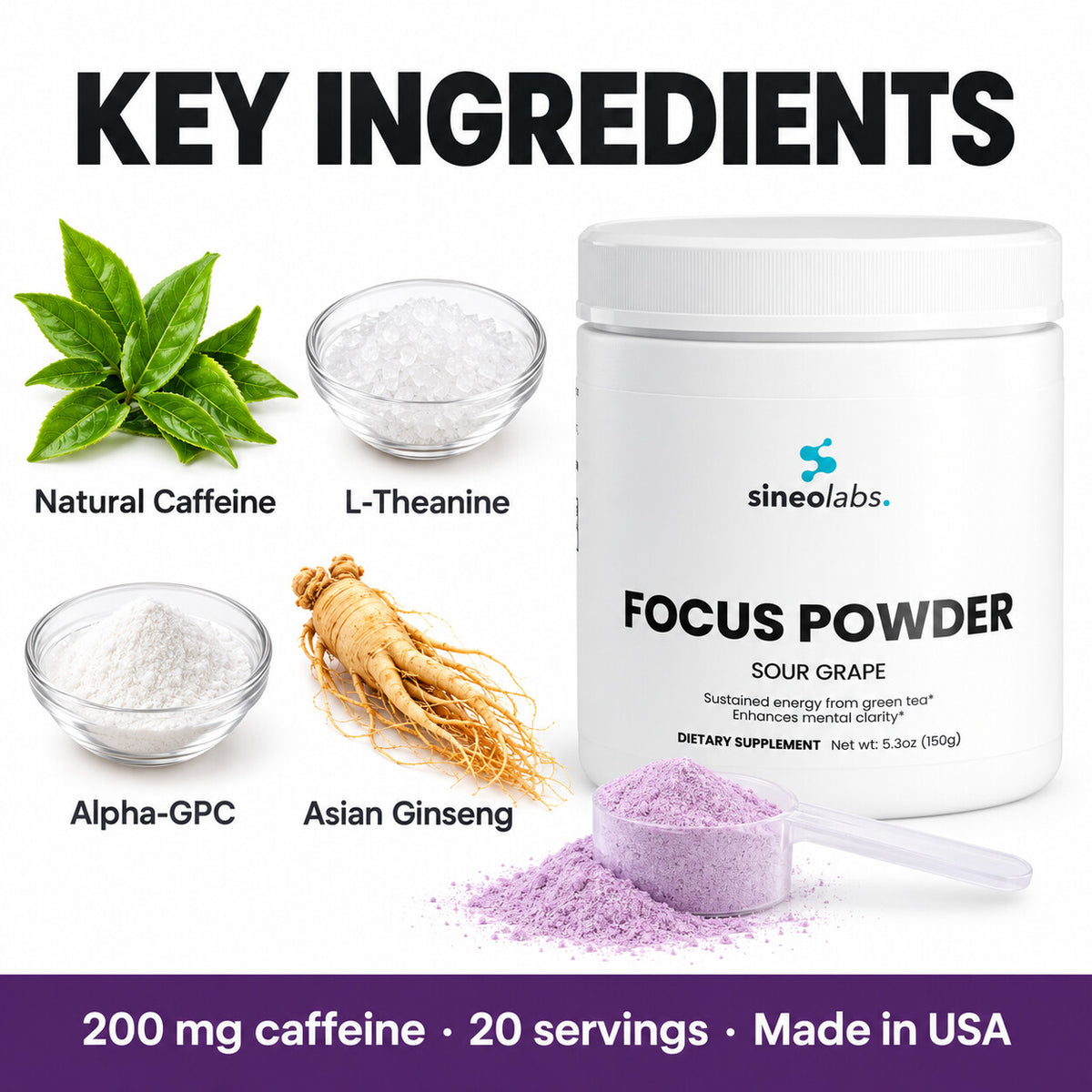 Focus Powder, 300mg Alpha GPC, Sour Grape: Natural Caffeine, L-Theanine, Alpha-GPC, Asian Ginseng