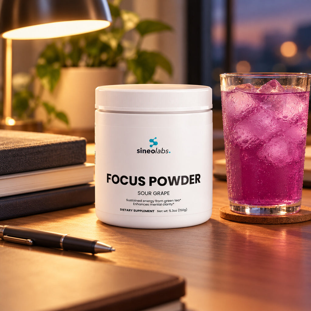 Focus Powder, 300mg Alpha GPC, Sour Grape on a tidy desk under a warm lamp in the evening