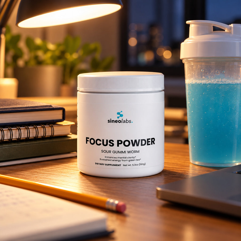Focus Powder, 300mg Alpha GPC, Sour Gummi Worm on a student desk under a warm desk lamp at night