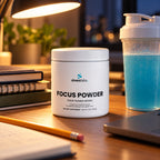 Focus Powder, 300mg Alpha GPC, Sour Gummi Worm on a student desk under a warm desk lamp at night