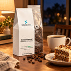 Forest Decaf Swiss Water Coffee, Whole Bean 12oz on a dining table in warm lamp light beside a white cup of coffee and a small plate of cake