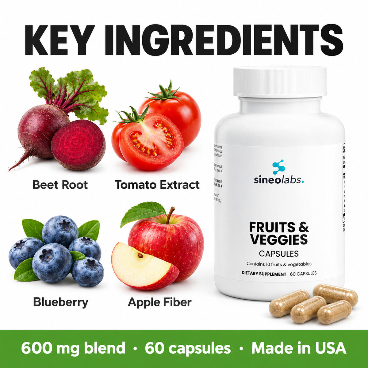Fruits and Veggies Capsules with Beet & Blueberry: Beet Root, Tomato Extract, Blueberry, Apple Fiber