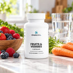 Fruits and Veggies Capsules with Beet & Blueberry on a bright kitchen counter in soft daylight