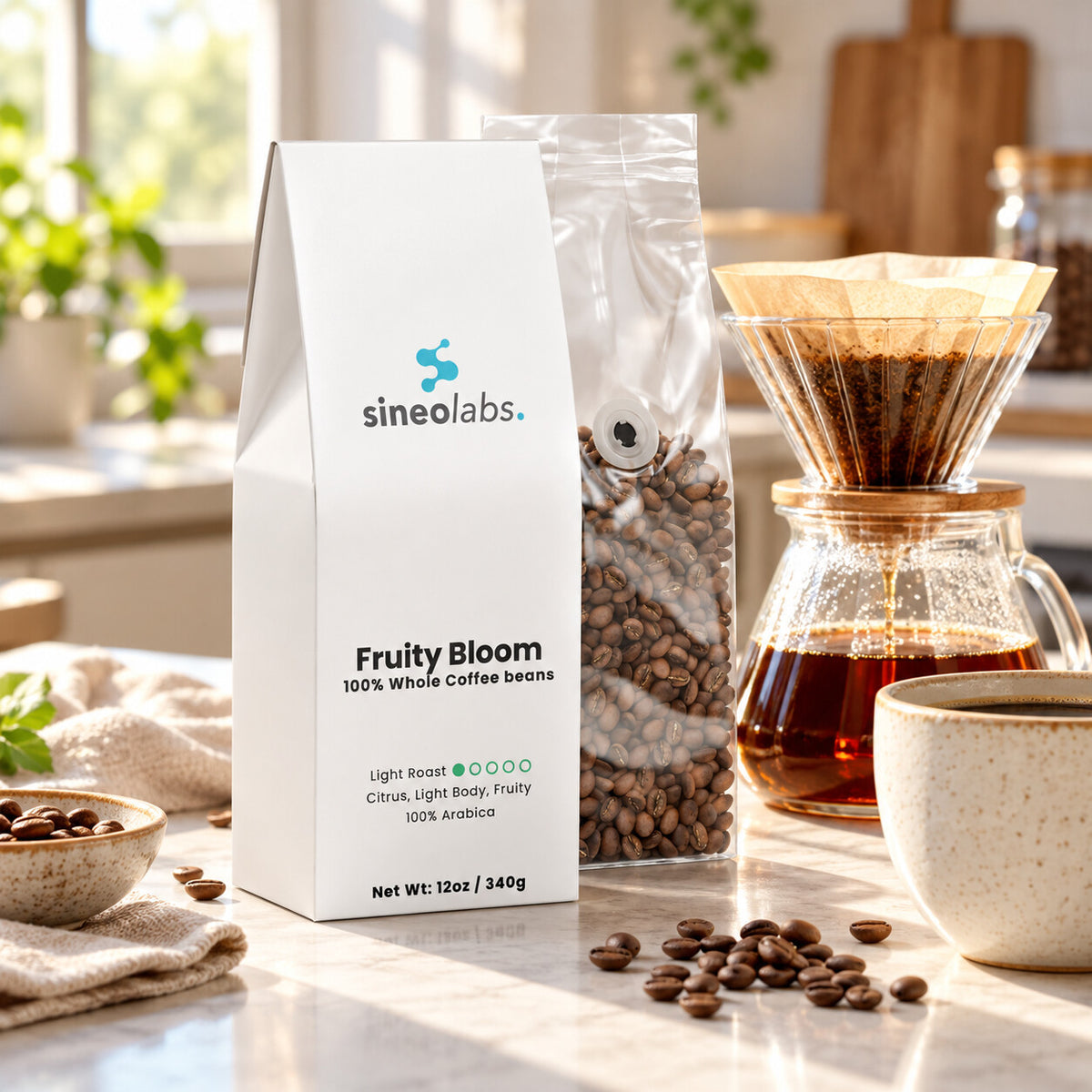 Fruity Bloom Light Roast Coffee, Whole Bean 12oz on a bright kitchen counter beside a glass pour-over dripper over a carafe of amber coffee