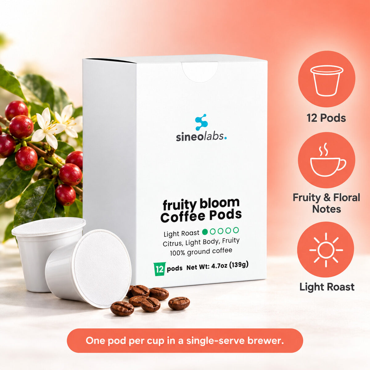 Fruity Bloom Light Roast Single-Serve Coffee Pods: 12 Pods, Fruity & Floral Notes, Light Roast