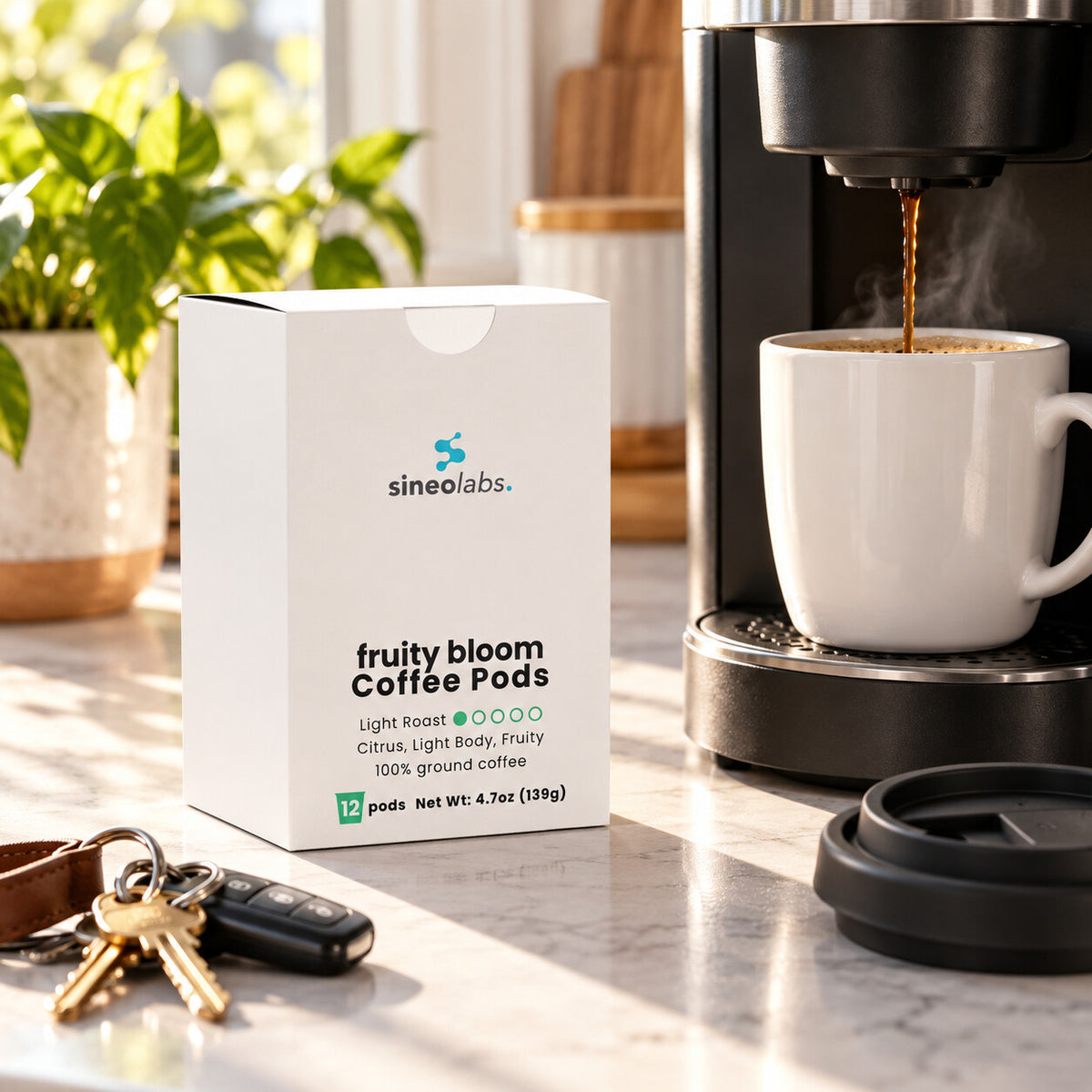 Fruity Bloom Light Roast Single-Serve Coffee Pods on a kitchen counter beside a single-serve coffee maker brewing into a white mug