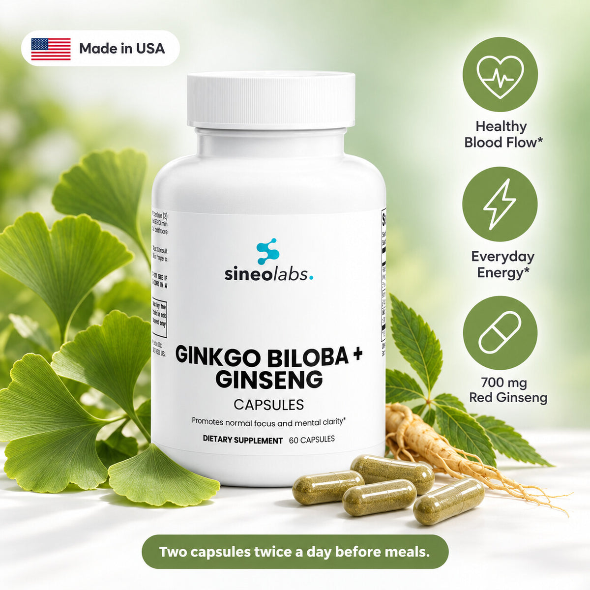 Ginkgo Biloba + Red Asian Ginseng Capsules: Healthy Blood Flow, Everyday Energy, 700 mg Red Ginseng