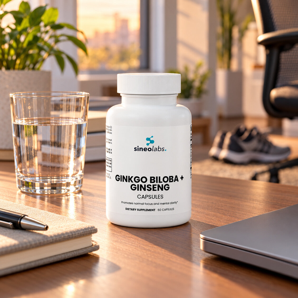Ginkgo Biloba + Red Asian Ginseng Capsules on a tidy office desk in late afternoon light