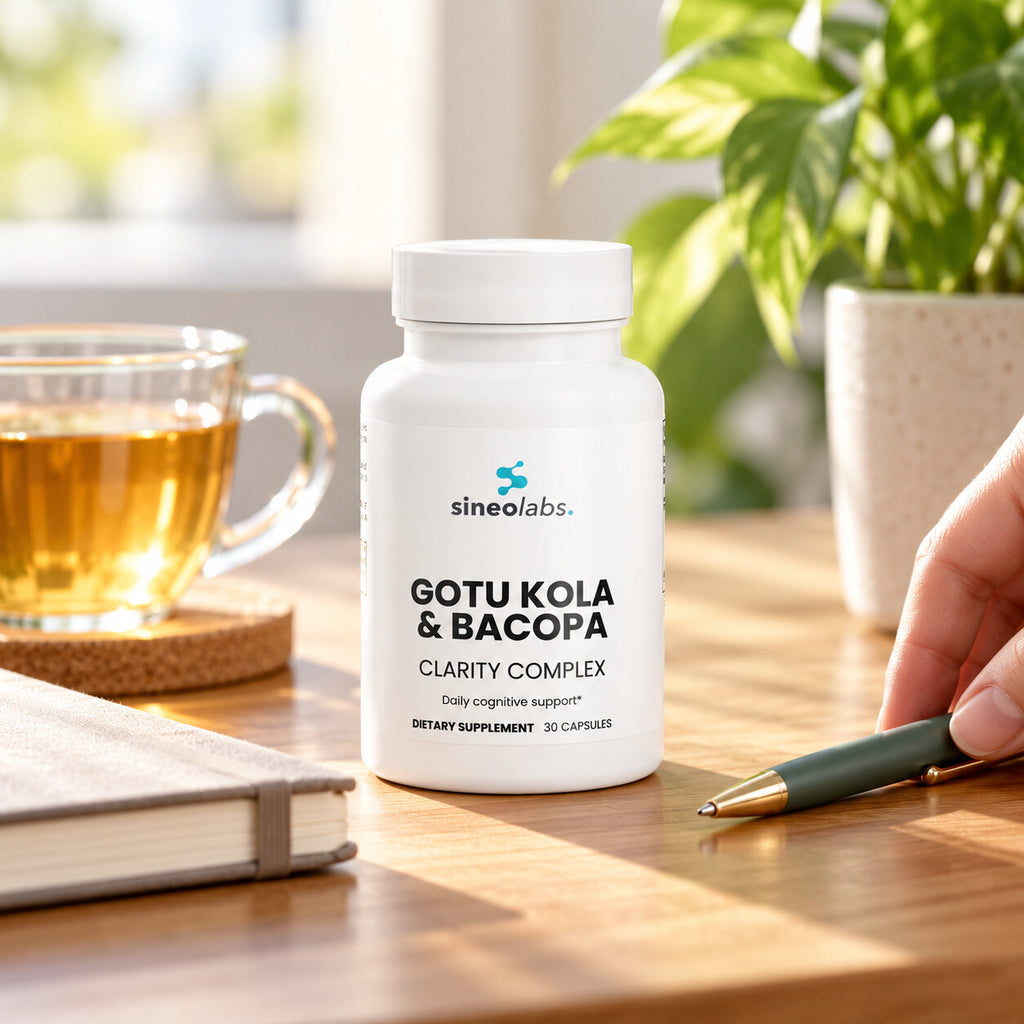 Gotu Kola & Bacopa Clarity Complex Capsules on a clean wooden desk in soft morning light beside a closed notebook