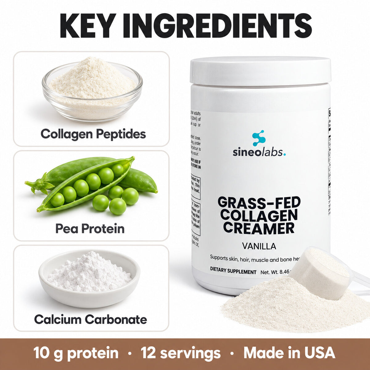 Grass-Fed Collagen Creamer with MCT, Vanilla: Collagen Peptides, Pea Protein, Calcium Carbonate