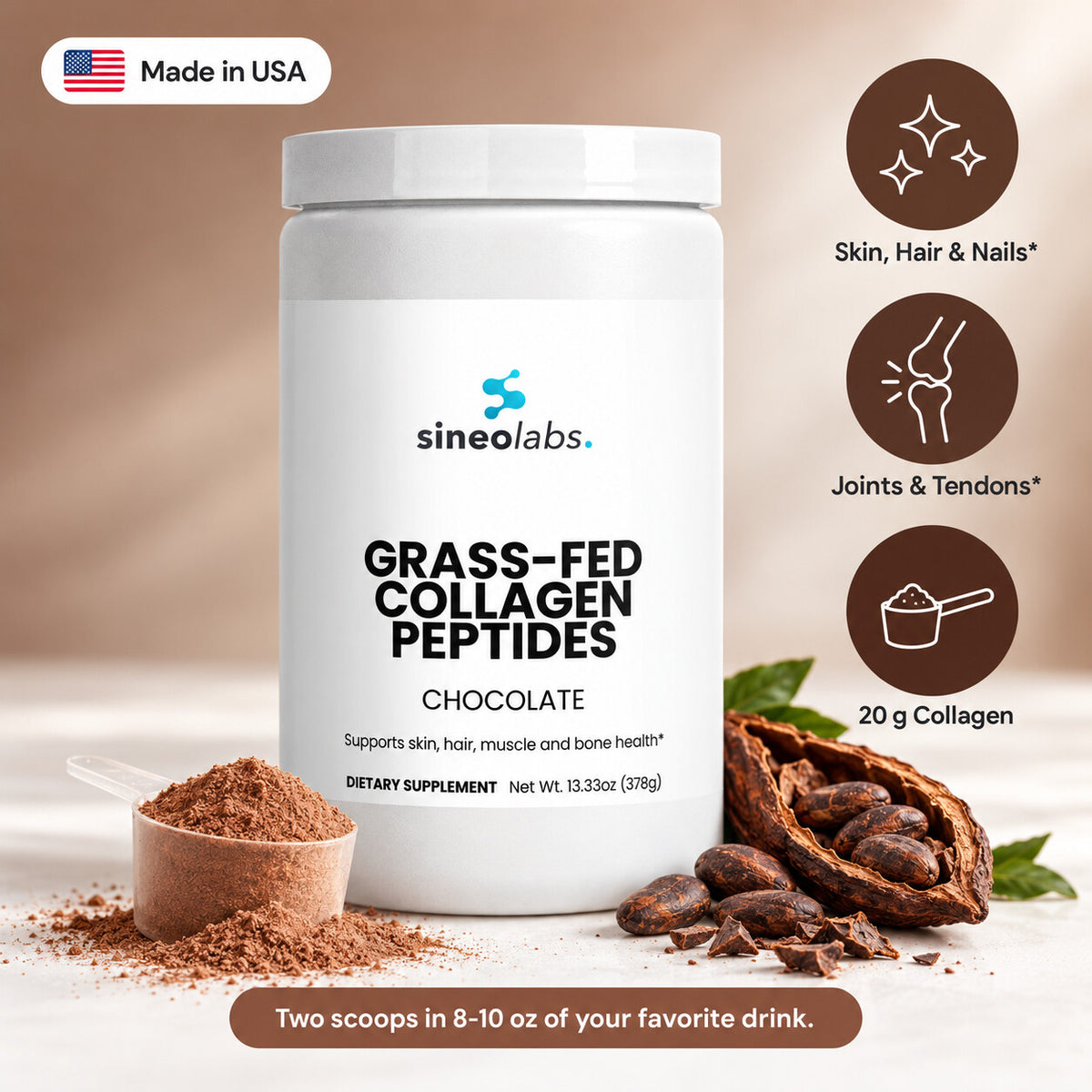 Grass-Fed Collagen Peptides Powder, Chocolate: Skin, Hair & Nails, Joints & Tendons, 20 g Collagen