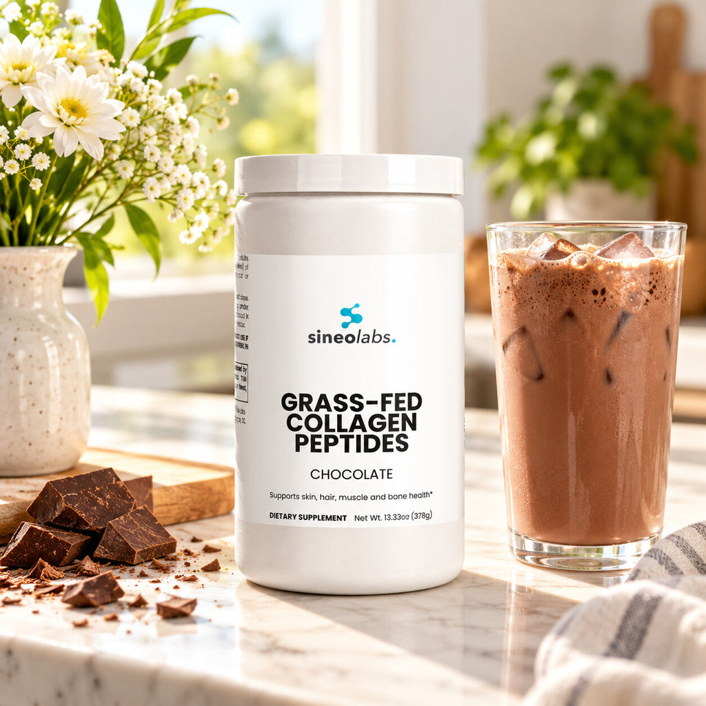 Grass-Fed Collagen Peptides Powder, Chocolate on a sunny kitchen counter in the morning