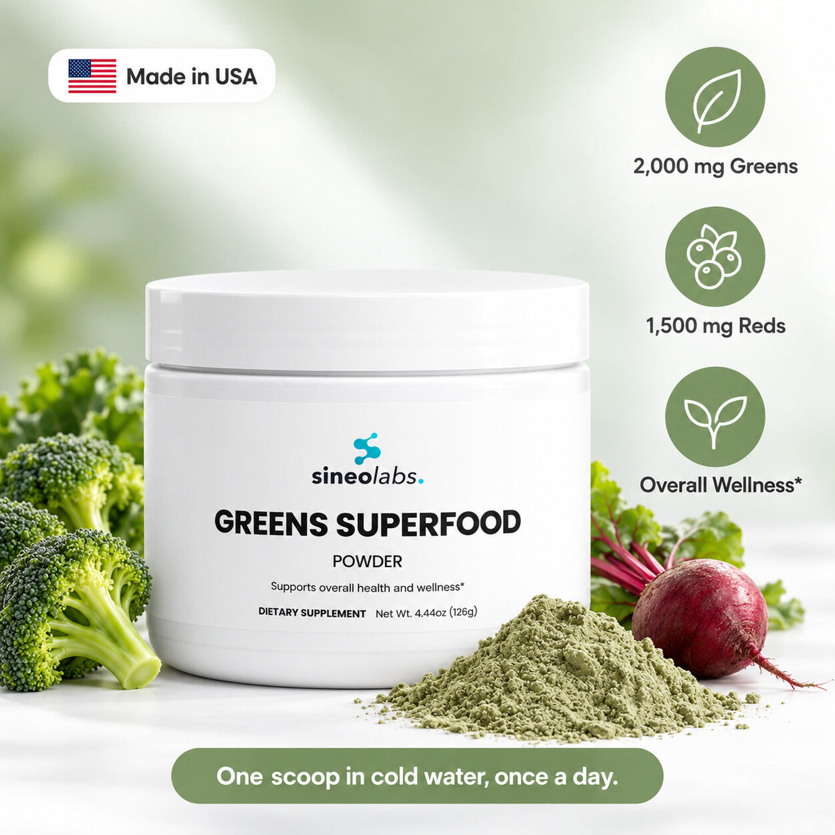 Greens Superfood Powder, 30 Servings: 2,000 mg Greens, 1,500 mg Reds, Overall Wellness