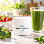 Greens Superfood Powder, 30 Servings on a kitchen counter in bright morning light