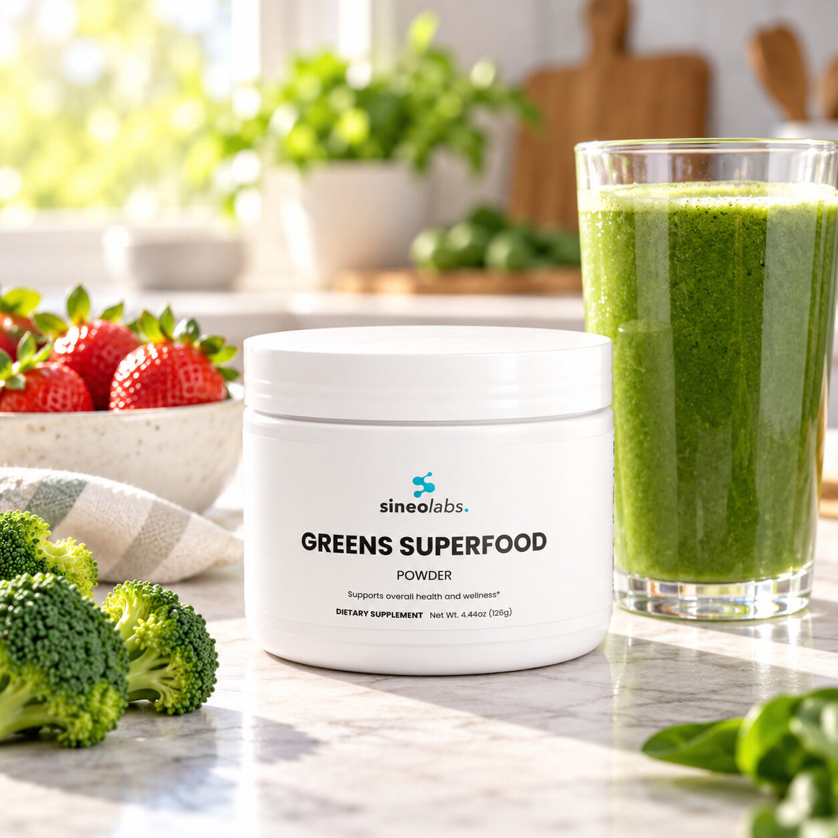 Greens Superfood Powder, 30 Servings on a kitchen counter in bright morning light