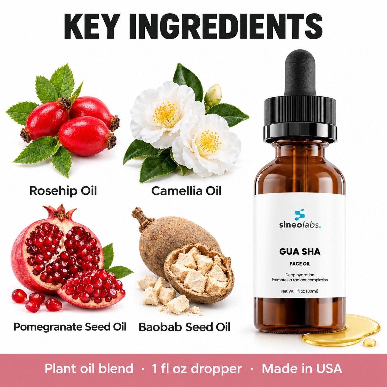 Gua Sha Face Oil with Rosehip & Camellia Oil: Rosehip Oil, Camellia Oil, Pomegranate Seed Oil, Baobab Seed Oil
