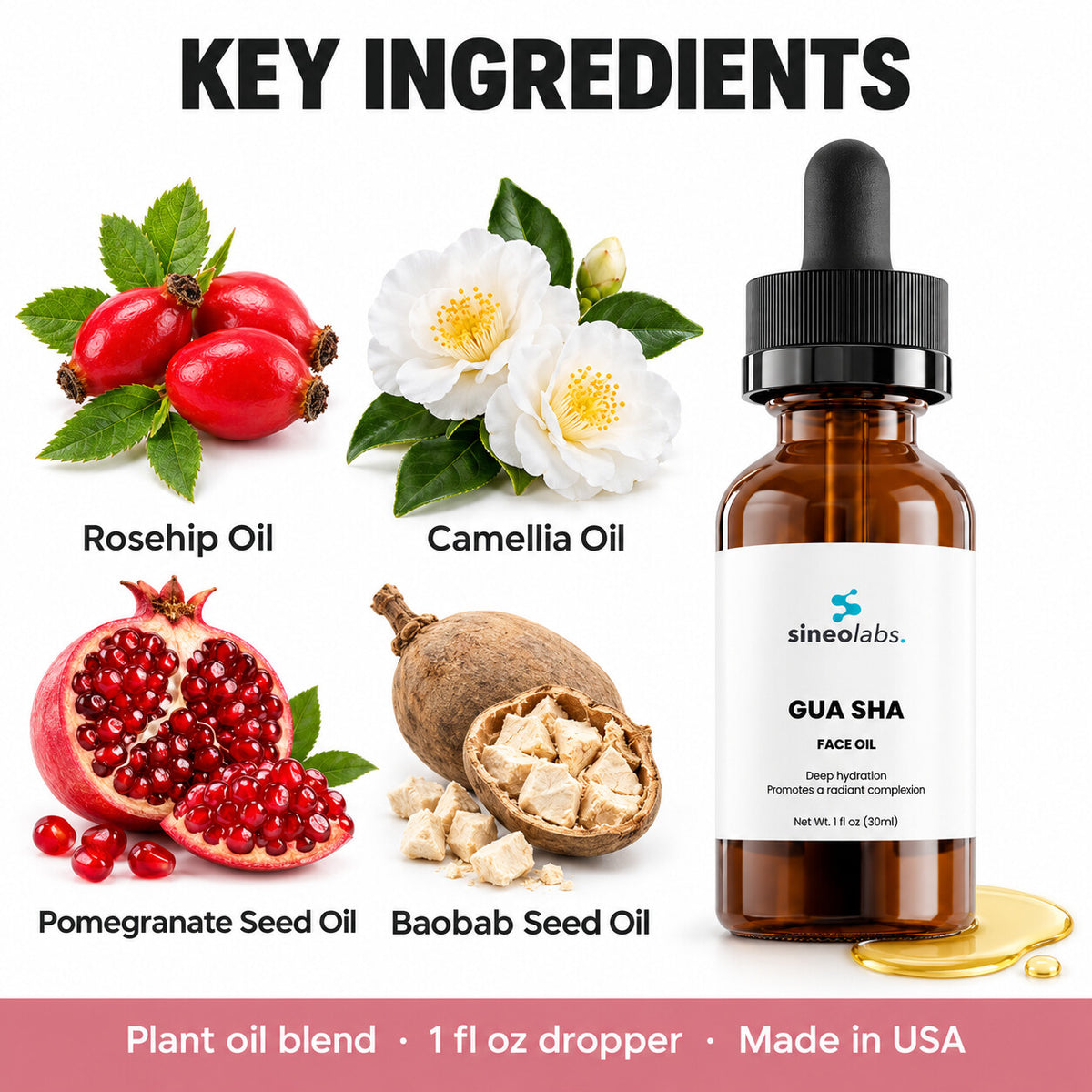 Gua Sha Face Oil with Rosehip & Camellia Oil: Rosehip Oil, Camellia Oil, Pomegranate Seed Oil, Baobab Seed Oil