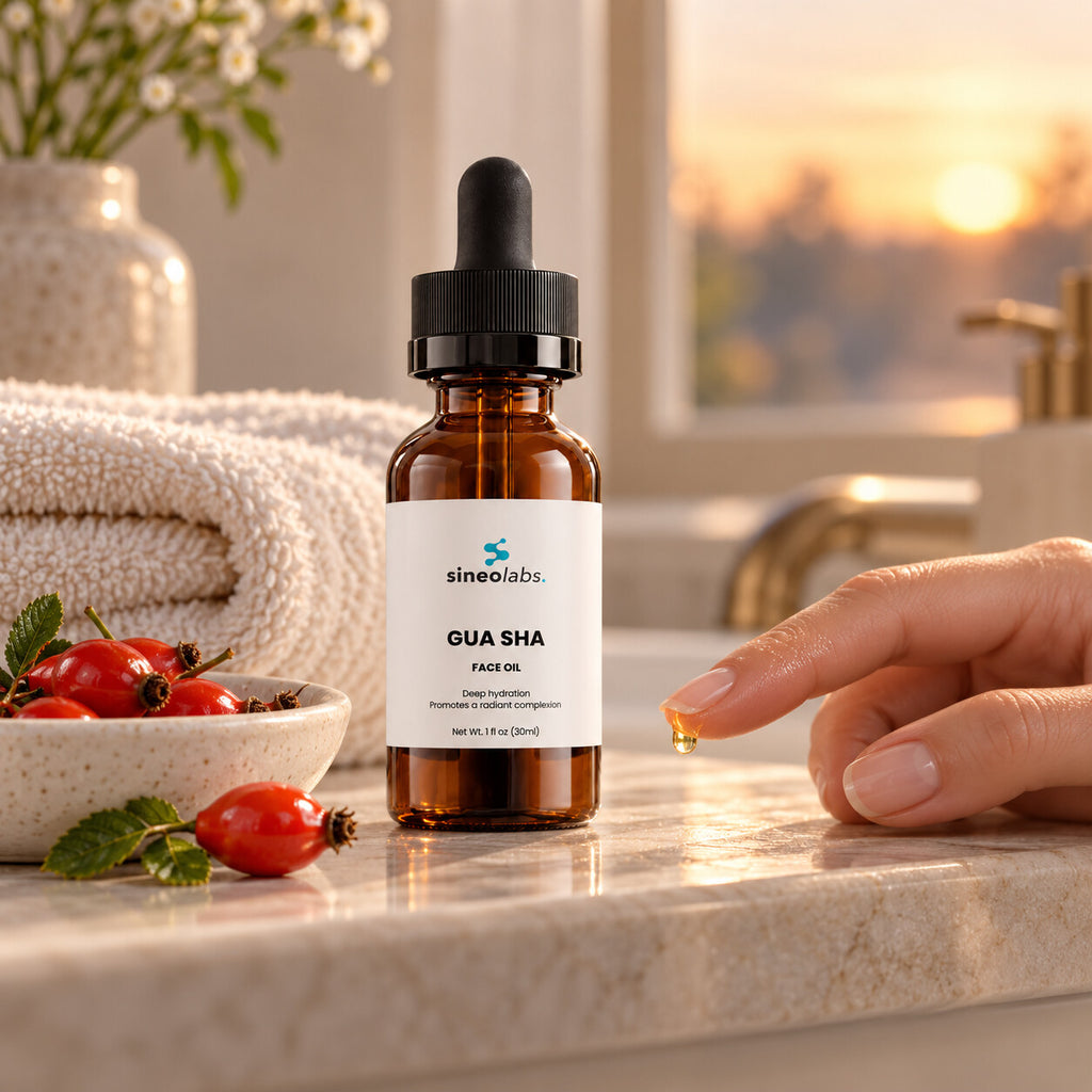 Gua Sha Face Oil with Rosehip & Camellia Oil on a bathroom shelf in soft evening light beside a folded towel and a small dish of rosehips