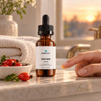 Gua Sha Face Oil with Rosehip & Camellia Oil on a bathroom shelf in soft evening light beside a folded towel and a small dish of rosehips