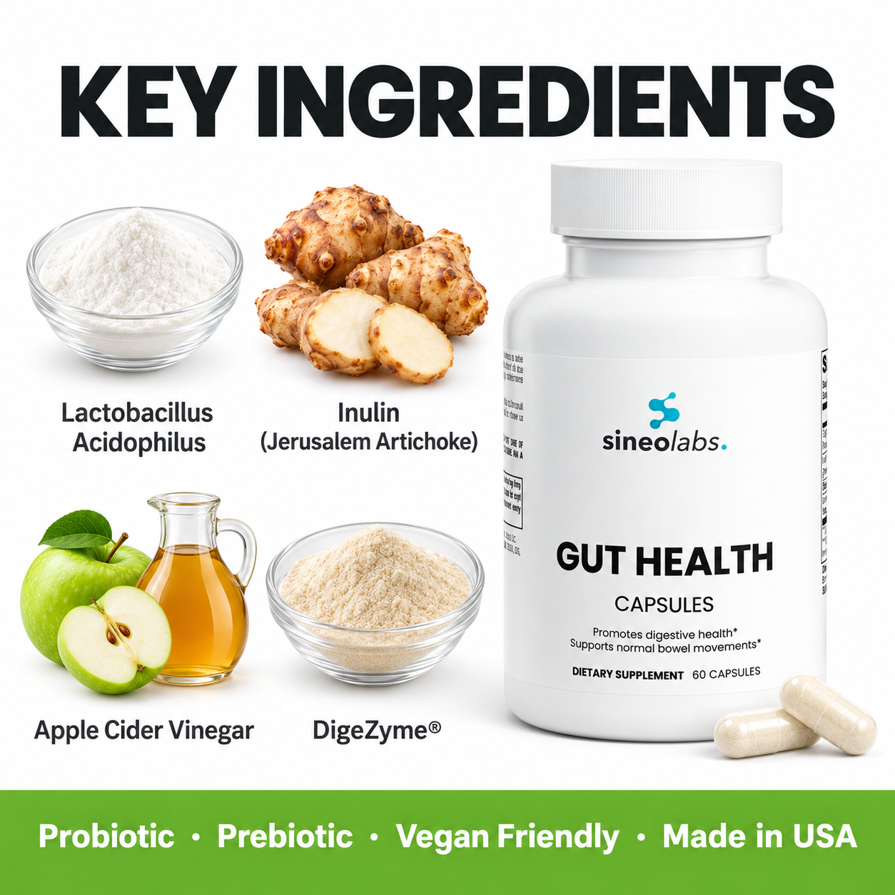 Key ingredients of Gut Health Formula: Lactobacillus Acidophilus, Inulin (Jerusalem Artichoke), Apple Cider Vinegar, DigeZyme®