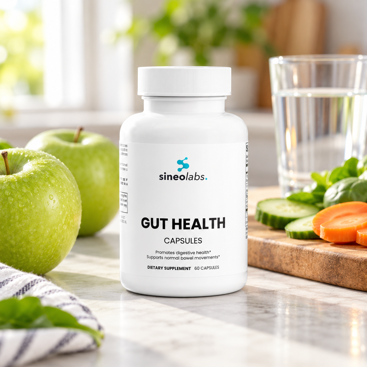 Gut Health Formula on a kitchen counter beside green apples