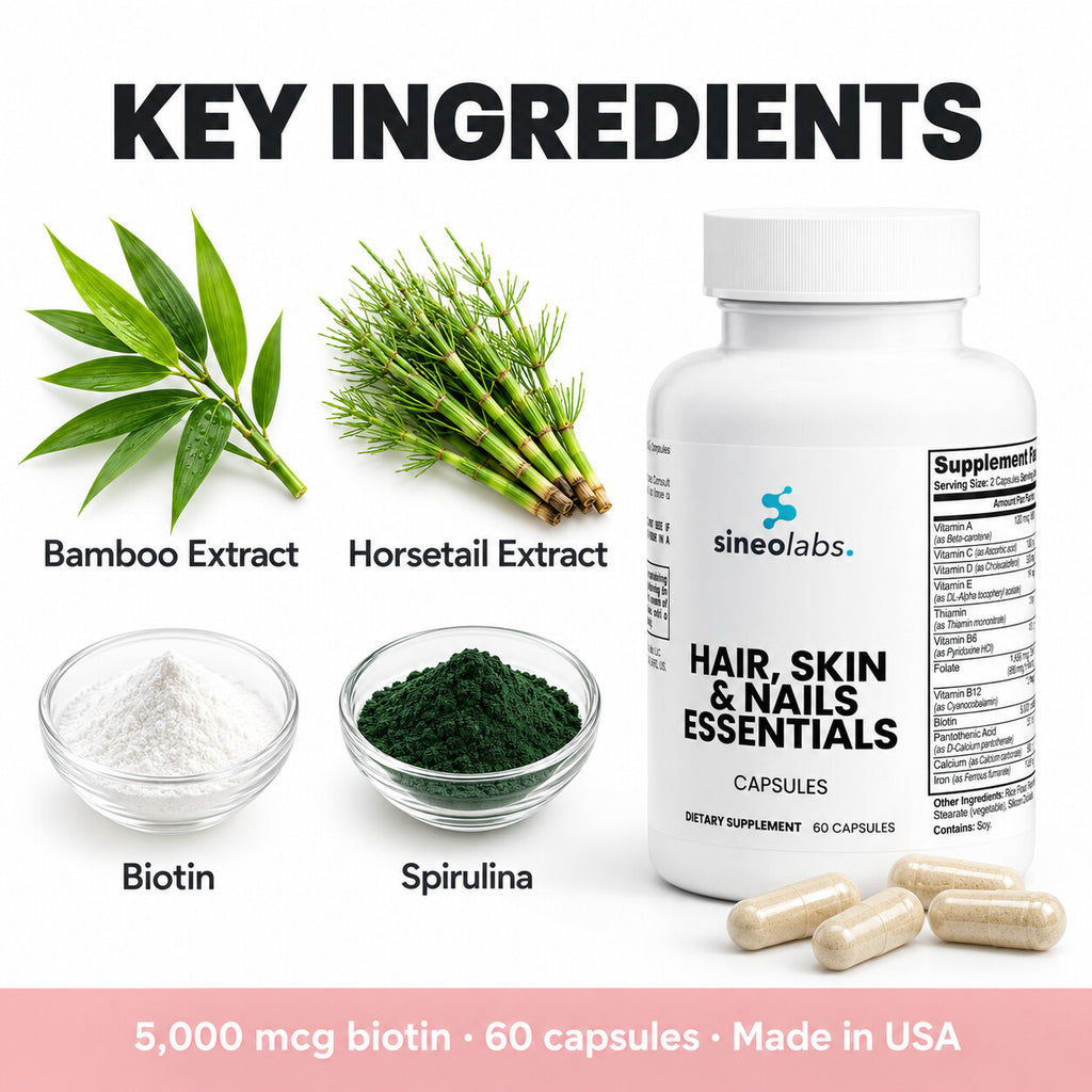 Hair, Skin and Nails Essentials, Biotin 5,000mcg: Bamboo Extract, Horsetail Extract, Biotin, Spirulina