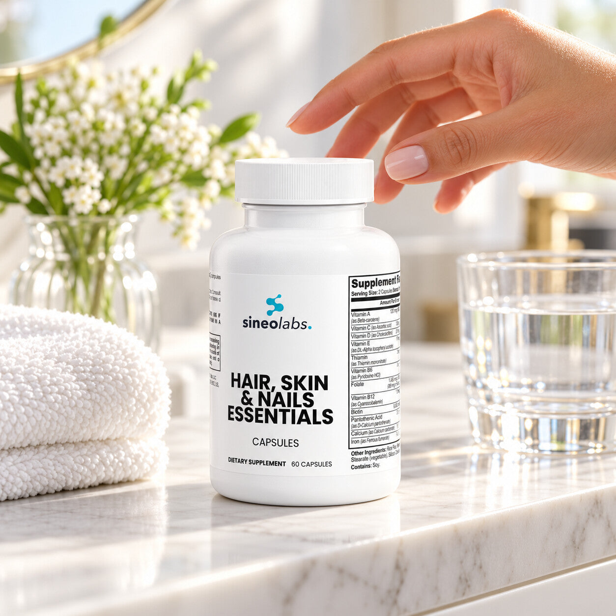Hair, Skin and Nails Essentials, Biotin 5,000mcg on a bright bathroom shelf in soft morning light beside a folded towel