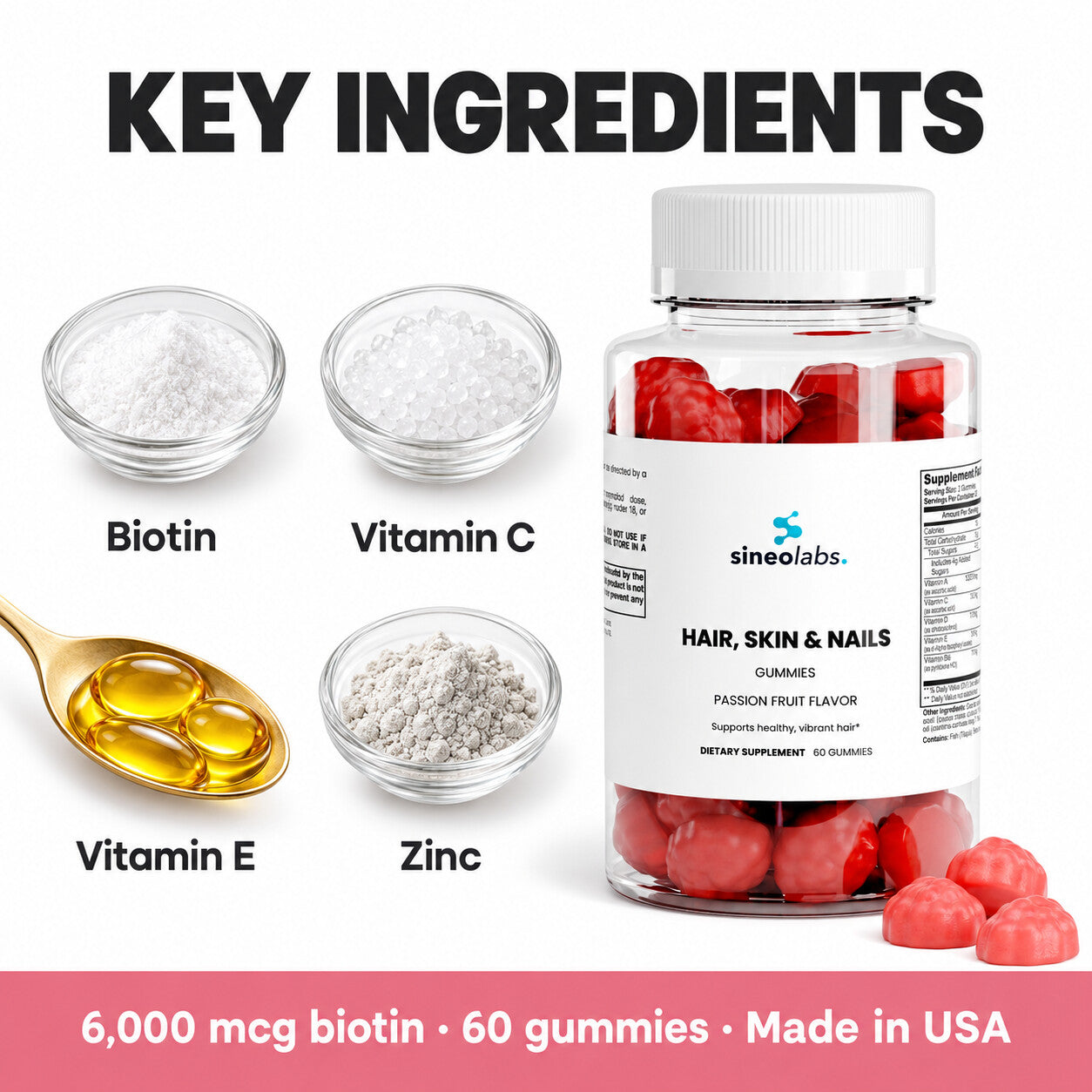 Hair, Skin & Nails Gummies, 6,000mcg Biotin: Biotin, Vitamin C, Vitamin E, Zinc