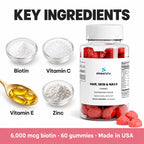 Hair, Skin & Nails Gummies, 6,000mcg Biotin: Biotin, Vitamin C, Vitamin E, Zinc