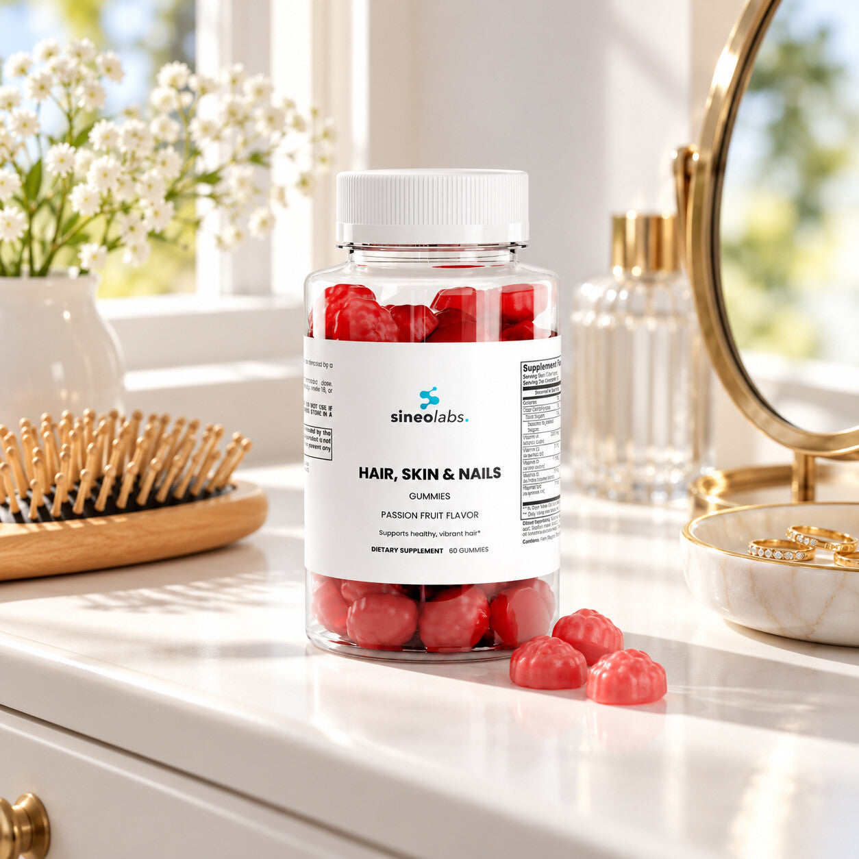 Hair, Skin & Nails Gummies, 6,000mcg Biotin on a white dresser by a sunny window in the morning