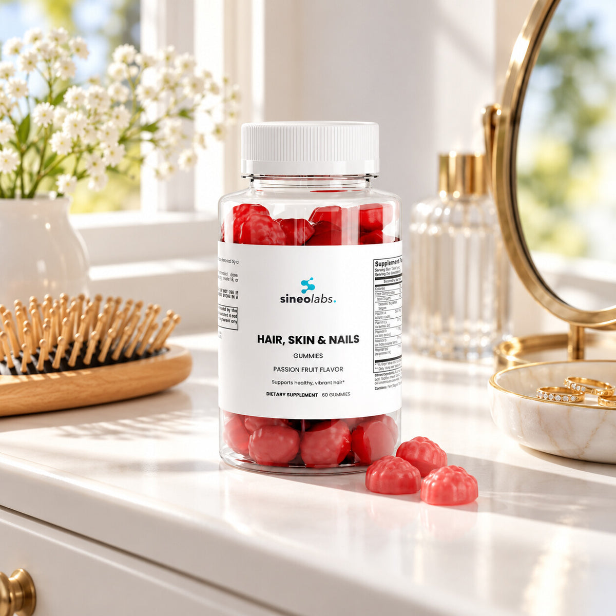 Hair, Skin & Nails Gummies, 6,000mcg Biotin on a white dresser by a sunny window in the morning