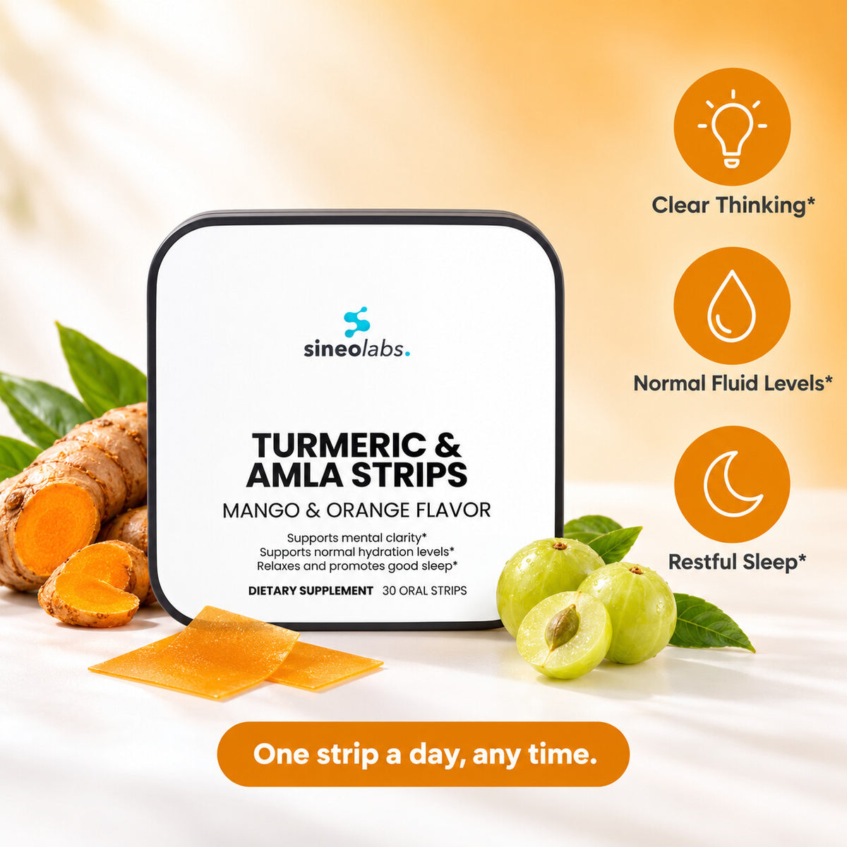 Turmeric & Amla Herbal Oral Strips, Mango Orange: Clear Thinking, Normal Fluid Levels, Restful Sleep
