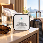 Turmeric & Amla Herbal Oral Strips, Mango Orange on a hotel nightstand in soft morning light beside a glass of water and a pair of sunglasses
