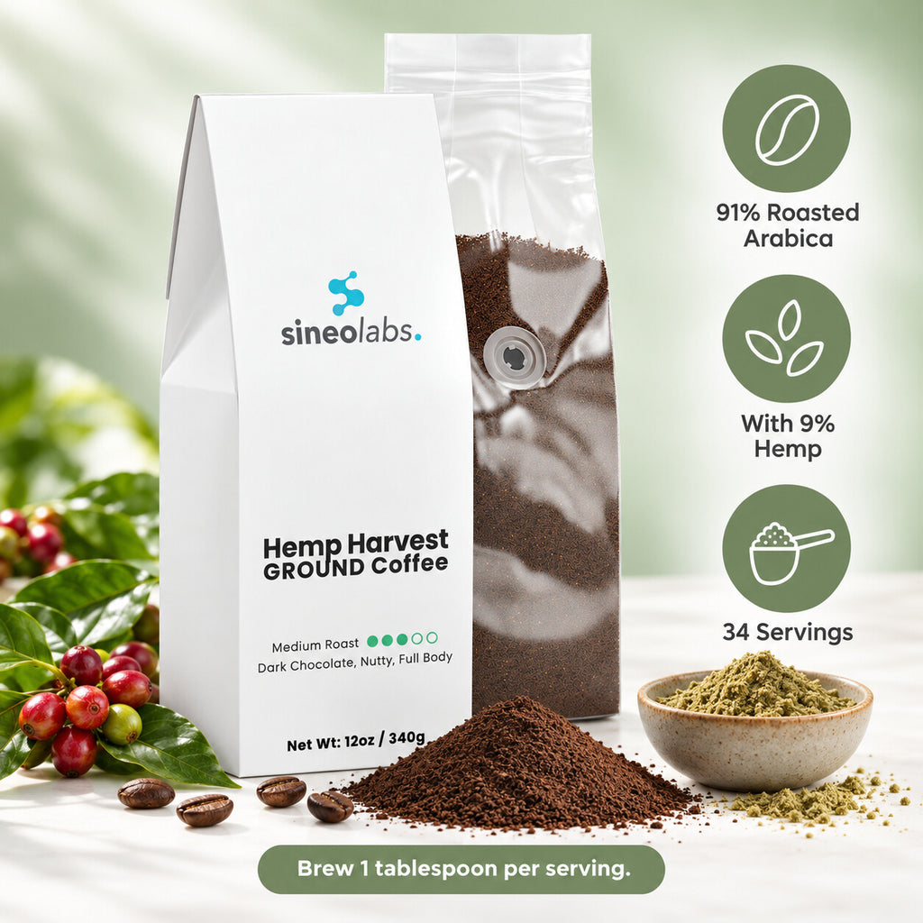 Hemp Harvest Medium Roast Coffee, Ground 12oz: 91% Roasted Arabica, With 9% Hemp, 34 Servings
