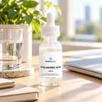 Hyaluronic Acid Face Serum with Four Types of HA on a tidy office desk in bright morning light