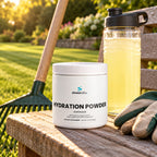 Electrolyte Hydration Powder, Lemonade on a garden bench in warm late-afternoon sun