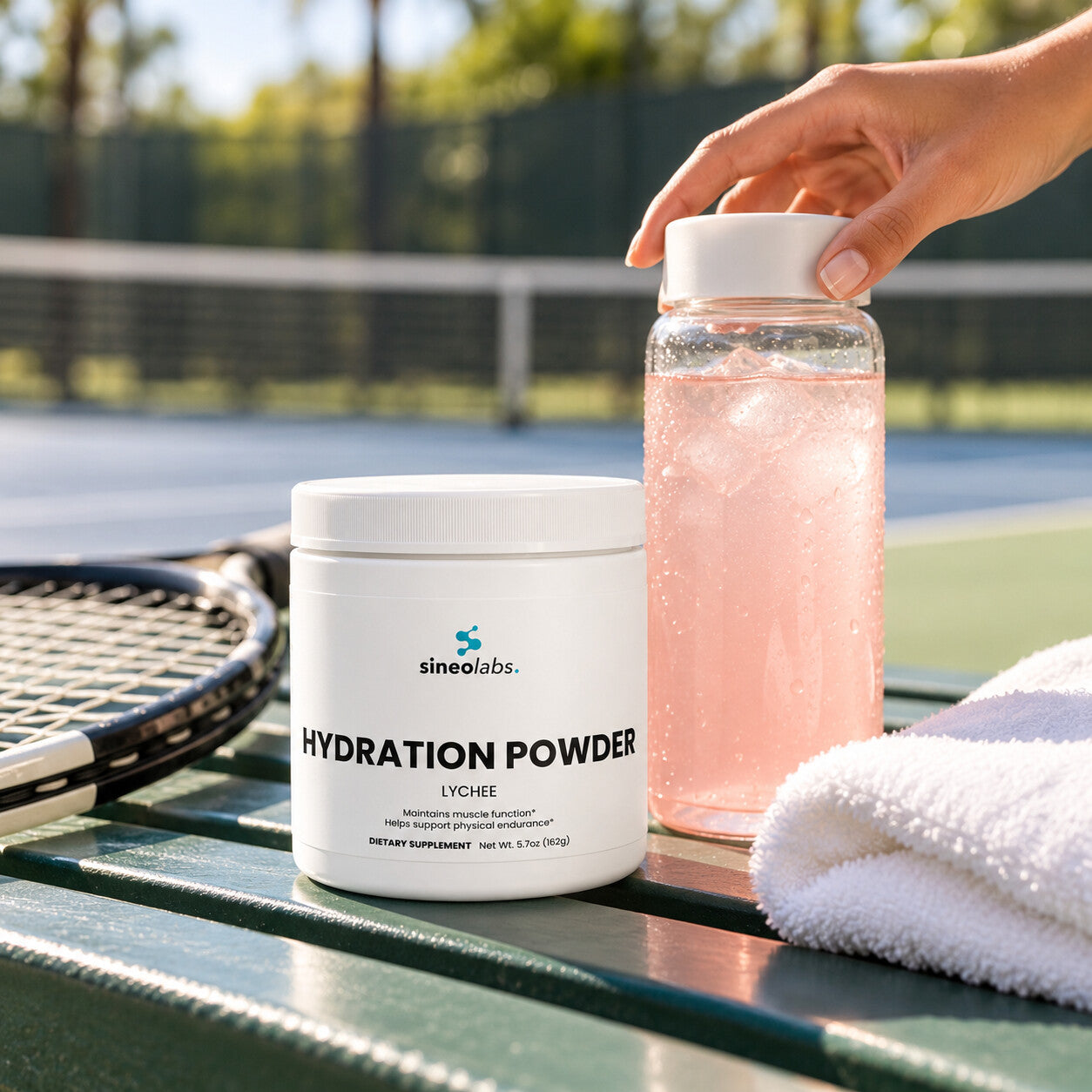Electrolyte Hydration Powder, Lychee on a courtside bench in bright afternoon sun beside a clear bottle of pale pink drink